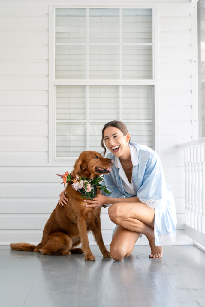 Bridal makeup and hair Orlando | Makeup Artist Orlando Beauty Brigade | Bride smiling with her dog